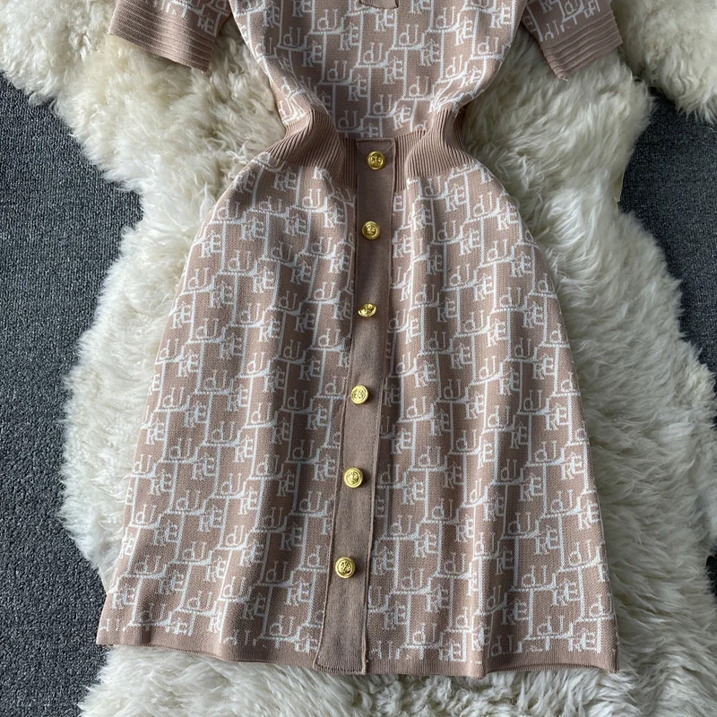 

2021 New Autumn Knitted Sweater Dress Letter Print Short-sleeved Women Trendy OL Formal Knitting Pullover Dresses