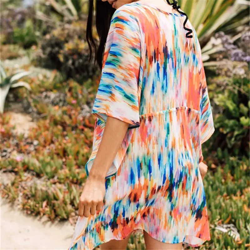 Элегантное Полосатое пляжное платье-туника с карманами и рукавом из хлопка, купальник, сексуальное женское платье с глубоким v-образным вырезом, вечерние платья миди для бассейна N617