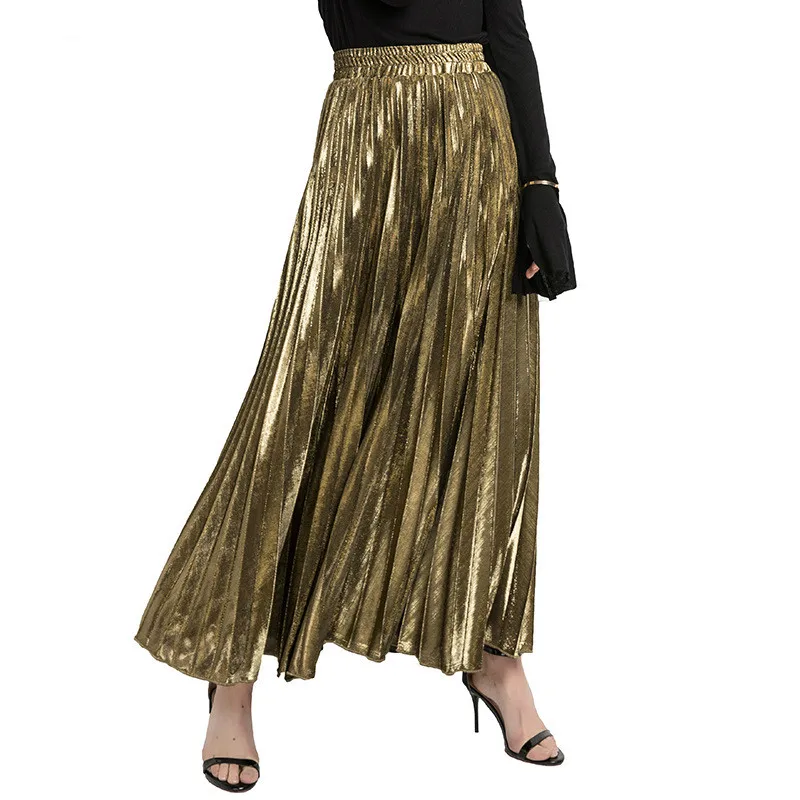 

Spring and Summer 2020 New High Waisted A-line Simple and Versatile Pleated Skirt Large Size Large Swing Gold Skirt Female