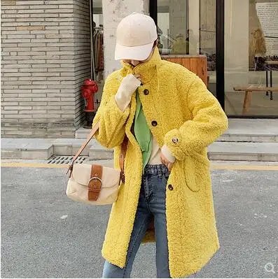 yellow Женское осенне-зимнее шерстяное пальто, новое корейское повседневное женское из искусственной кожи, верхняя одежда, шерстяные пальто - Цвет: yellow