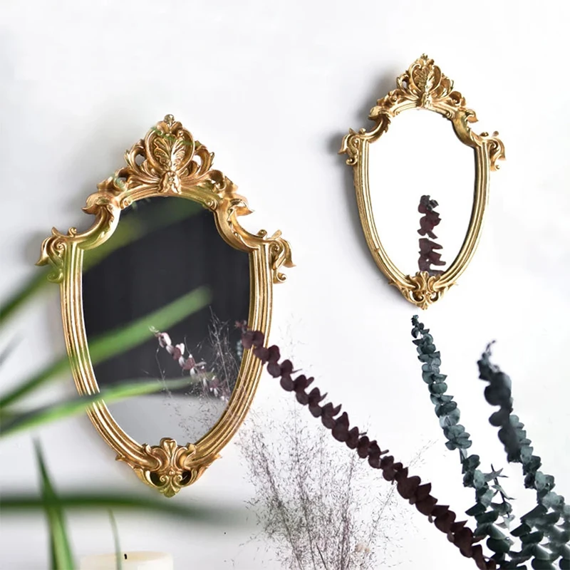 Exquisite Makeup Mirror Hanging Mirror Vintage Bathroom Mirror Gifts For Woman Lady Old Golden Embossed Hollow Mirror