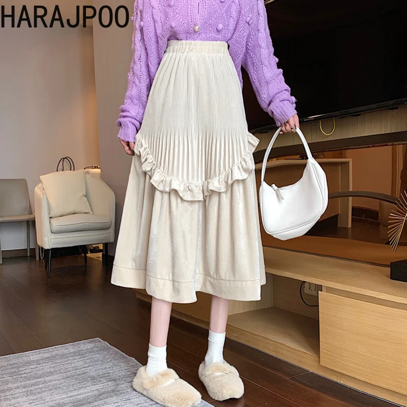 

Женские юбки Harajpoo с деревянными ушками, плиссированная юбка с высокой талией, винтажная трапециевидная однотонная миди-юбка с эластичным п...