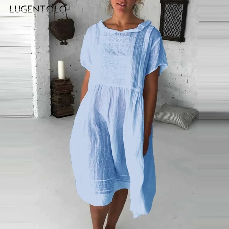

Lugentolo Women Dress Summer New Women's Short-sleeved Dresses Solid Casual Loose Female Simple Dress Plus Size 5XL