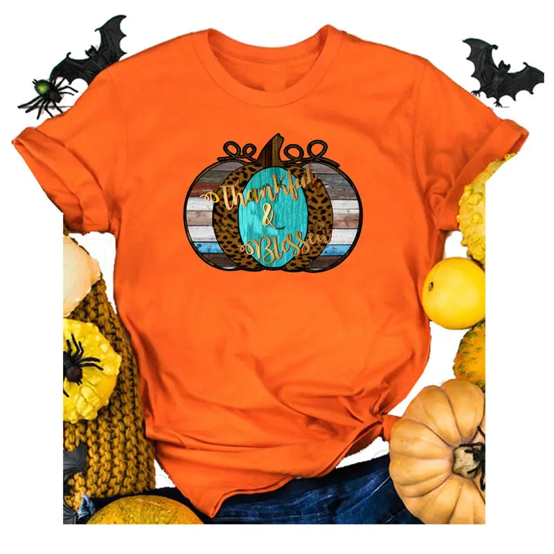 

Women Thankful Blessed Leopard Pumpkin Floral Casual Funny Streetwear Ladies Tee Top Short Sleeve Slogan Hipster T-Shirt
