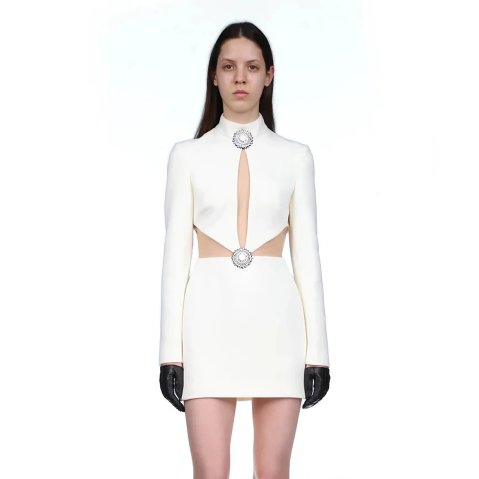 

Fashion Celebrity Party Dress Sexy White Hollow Long Sleeve Beaded Bodycon Bandage Dress 2022 New Spring Trend Women's