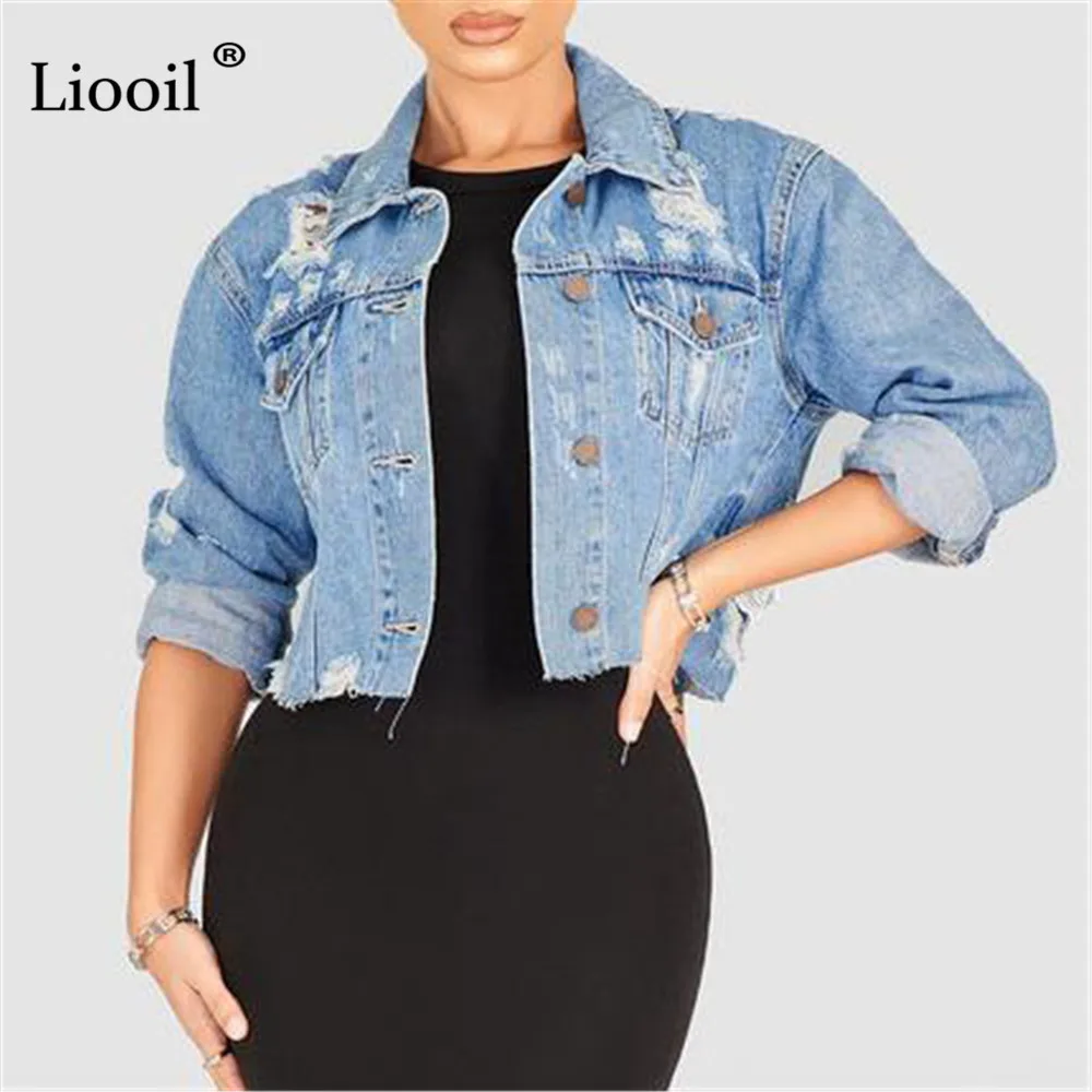 

Ripped Denim Cropped Jacket Fall Streetwear Button Up Long Sleeve Distressed Sexy Hole Short Jean Jackets For Women 2021 Outwear