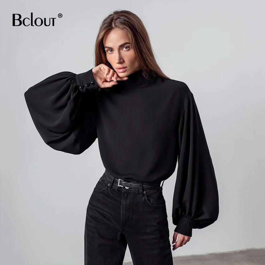 

Bclout Black Turtleneck Chiffon Blouses Lantern Sleeve Office Ladies Elegant Shirts Autumn Party Shirts Woman 2021 Tops Female