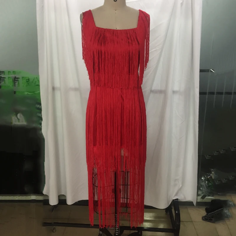 

CHICEVER Autumn Dress For Women Square Collar Sleeveless Sling Patchwork Tassel Backless Pencil Dresses Female 2020 New Clothing