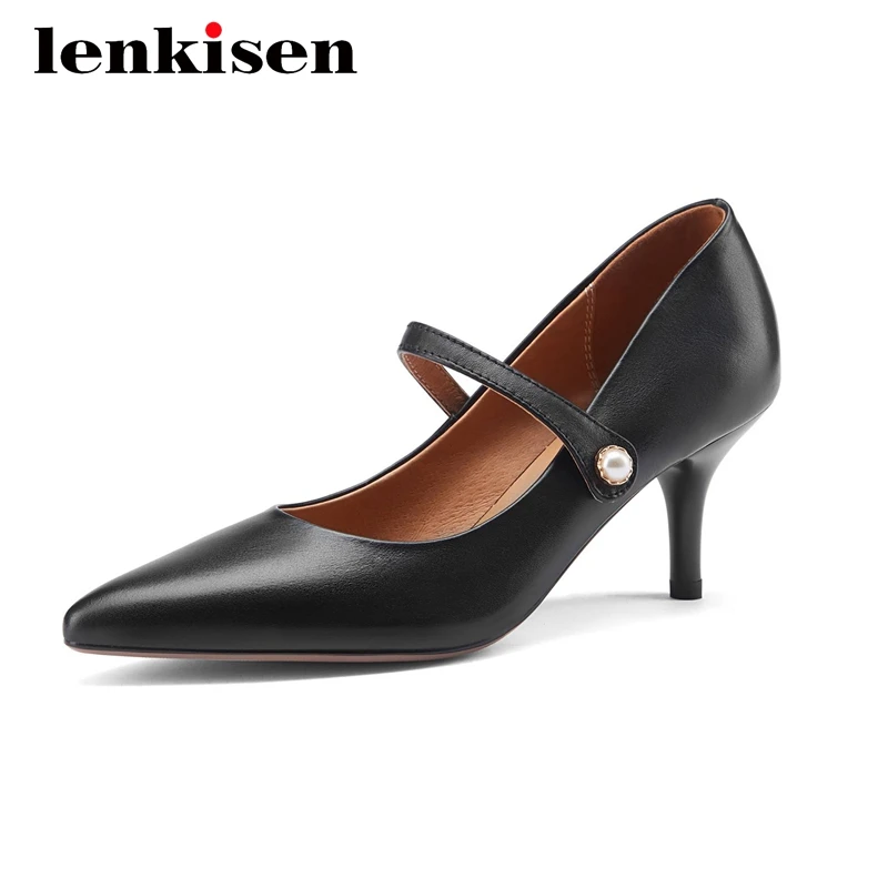

Lenkisen hot comfortable handmade plus size real cow leather pointed toe thin high heel hook loop fashion dating women pumps L43