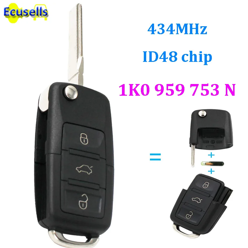 Флип Брелок дистанционного ключа для Volkswagen VW Golf Jetta Tiguan Polo 3 кнопки 1K0 959 753 N 1KO959753N 434