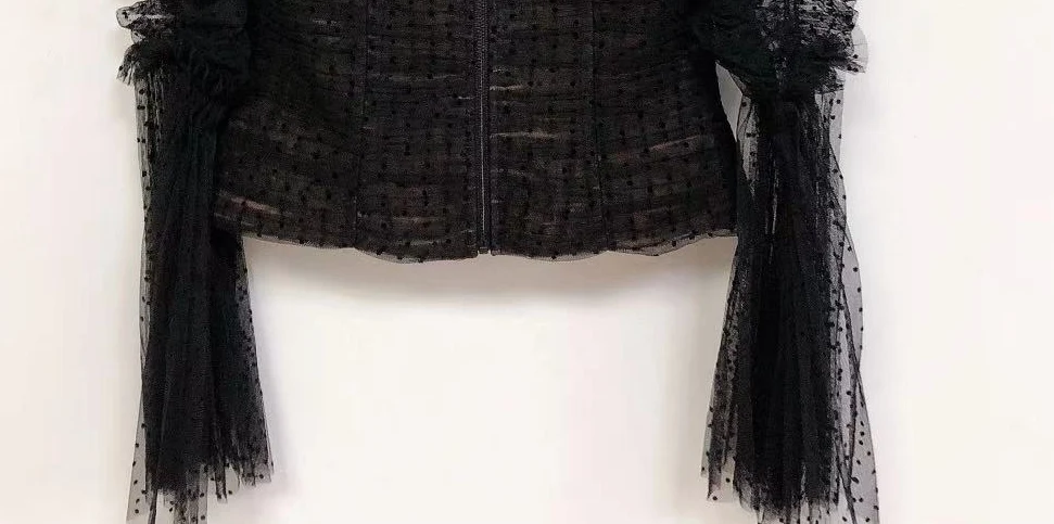 

Spring and 2021 Summer New Fashion All-match See-through Mesh Lace Trumpet Sleeve Women's Black Top