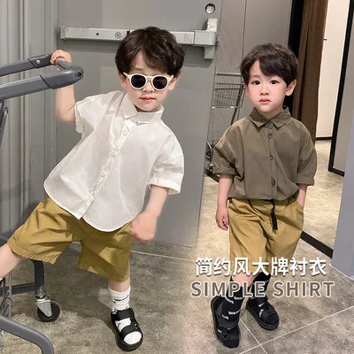 

2021 New Boys Short-sleeved Shirt Summer Clothes Korean Casual Children's Boys Turn Down Collar Solid Shirt Baby Boys Clothes