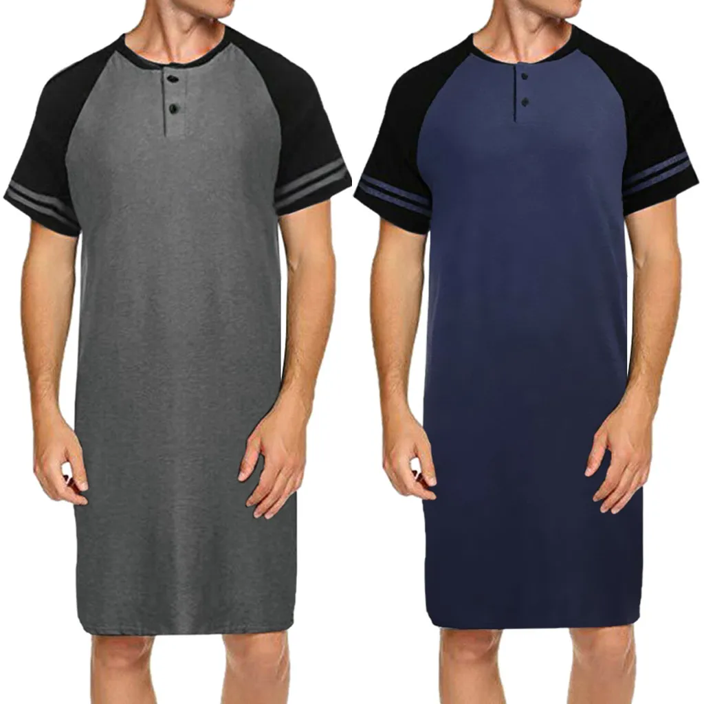 

Men Sleepwear Dress Short Sleeve Patchwork Pajama 2020 Summer Male Sleep Dress