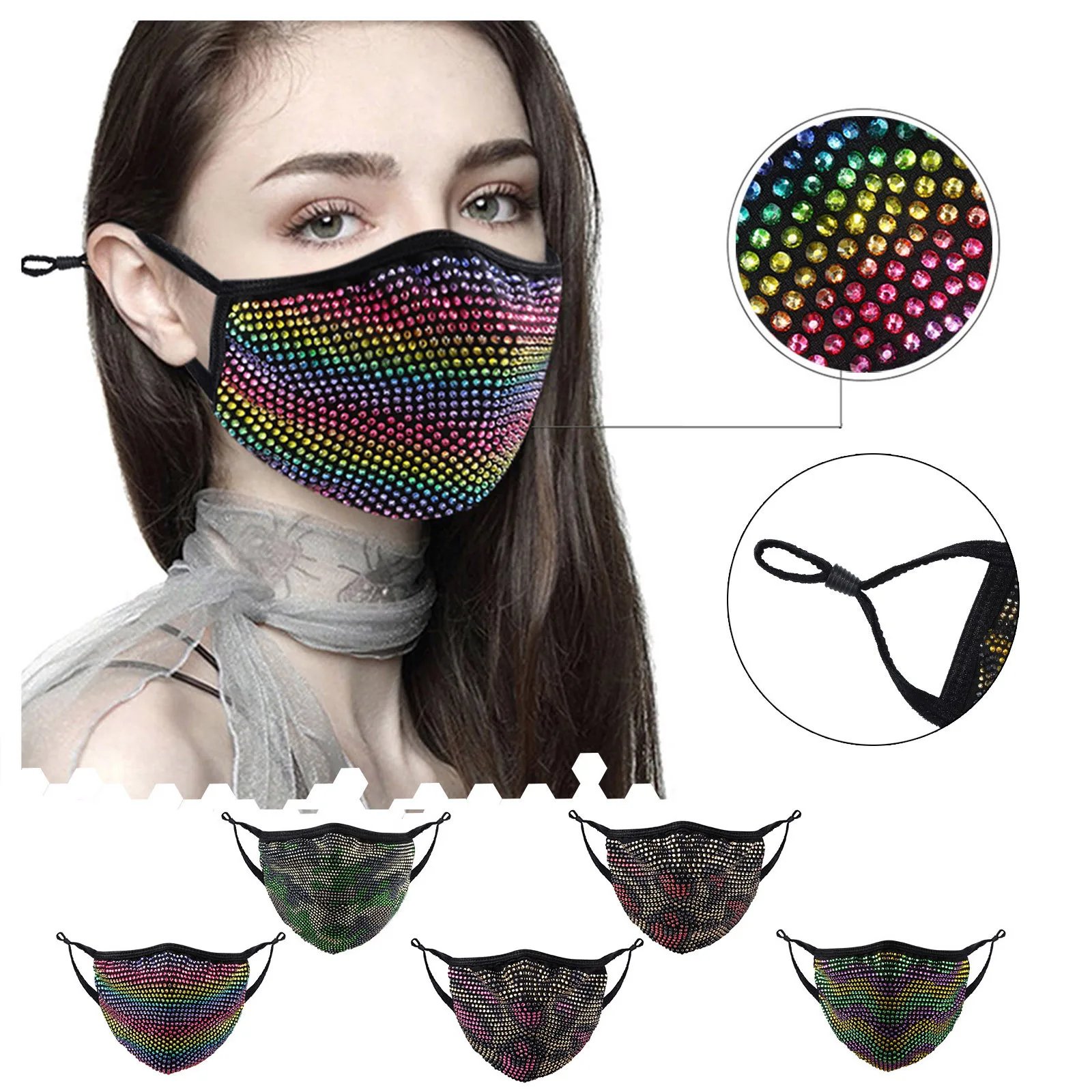

Fashion Rhinestones Glitter Face Mask Washable Breathable Crystals Mouth Masks Adult Adjustable Windproof Fog Haze Mask masque