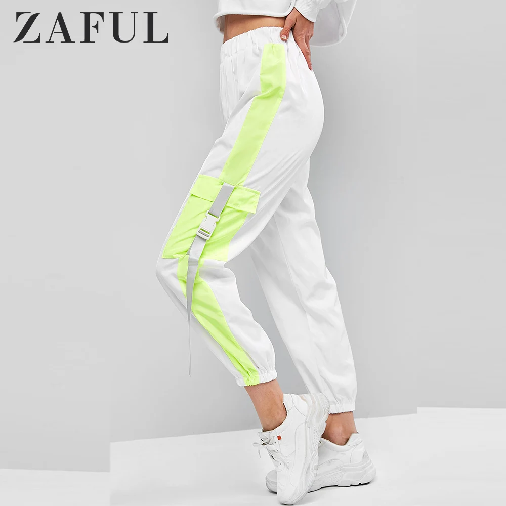 ZAFUL лоскут карманы нажимная Пряжка Colorblock Jogger Брюки 2020 новые неоновые боковые
