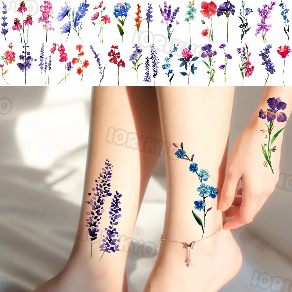 

Watercolor Lavender Small Temporary Tattoos For Women Girls Realistic Plum Blossom Lily Fake Tattoo Sticker Leg Body Tatoos Show