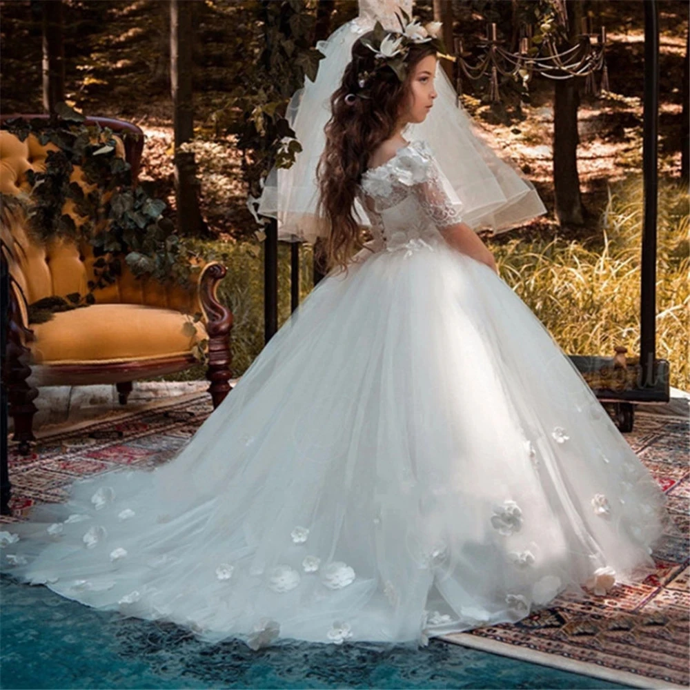 

Новые платья для первого Святой причастия для девочек, бальное платье с плоской горловиной и коротким рукавом, кружевные платья с цветочной...