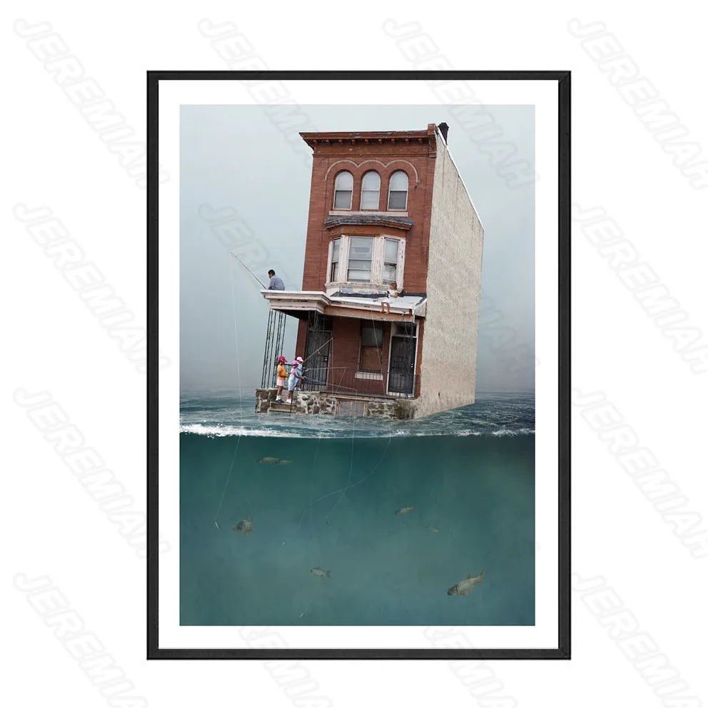 

House On The Cliff Abstract Poster Nordic Style Waterproof Ink Canvas Print Painting Modern Living Room Bedroom Wall Sticker