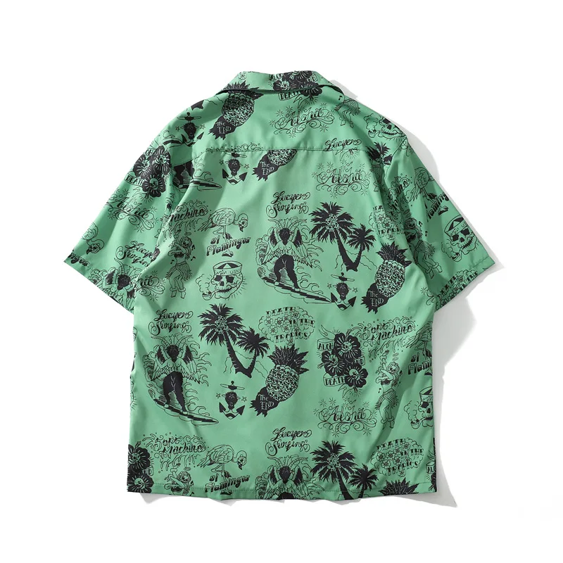 

LOVZON Full Printed Retro Shirt Men Summer Beach Casual Street Men's Shirts Short Sleeved Skull Print Shirts For Men Green White