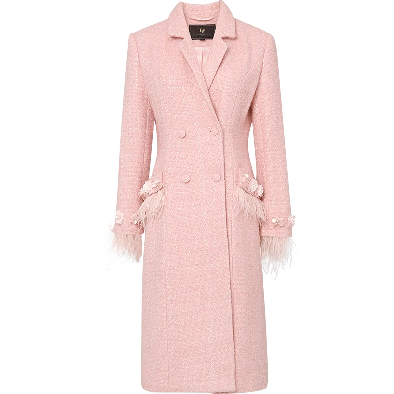 Elegant Feathers Double-breasted Winter Coat Women Runway Designer Thick Warm Pink Wool Coat Jacket High Quality Outwear