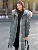 women mid long down jacket korean style loose fashion big fur collar over the knee winter coat thick warm straight hooded coat