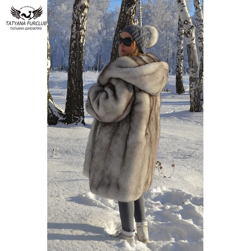 High Qulaity Natural Blue Fox Fur Coat Long Winter Fashion Women Real Fox Fur Overcoats With Hood Warm Fur Coats Female Luxury