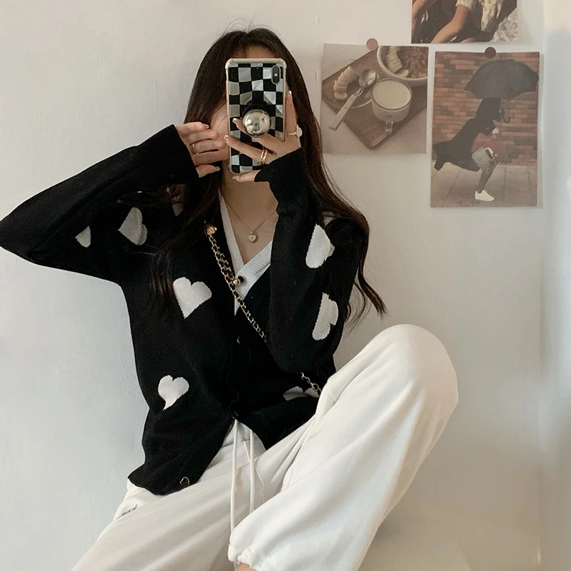 Woherb Love Heart Sweater Knitted Cardigan Women 2021 V Neck Splicing Long Sleeve Jackets Autumn Winter Sweet Female Cardigans |
