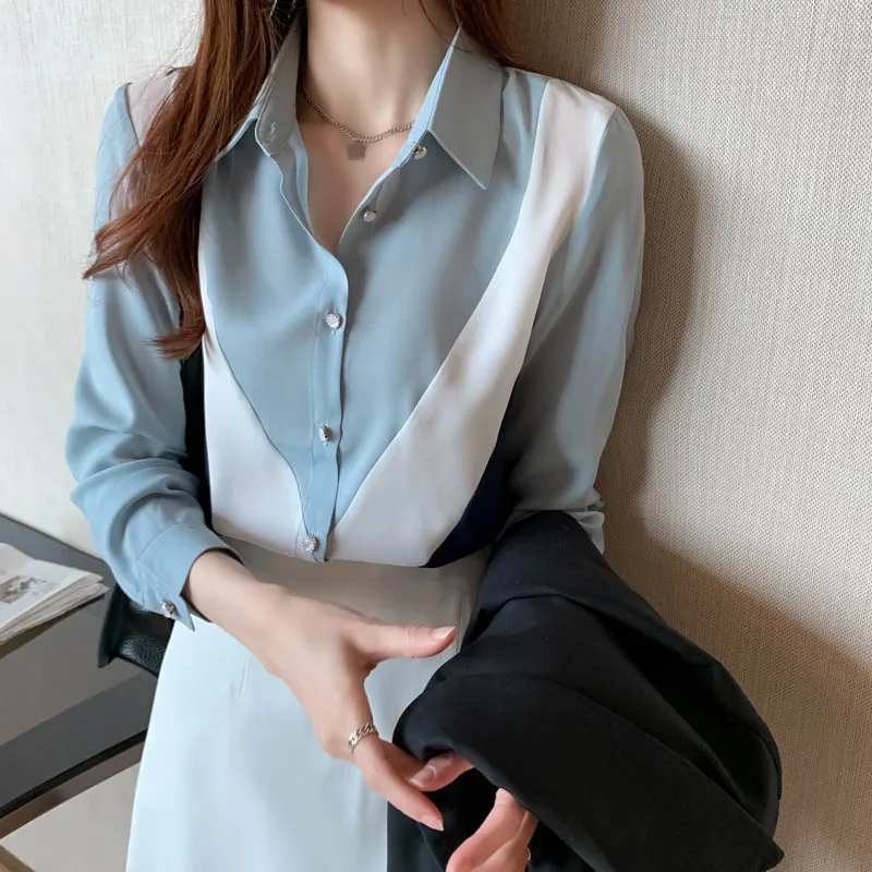 

New 2021 Spring Autumn Shirt For Women Turn Down Collar Long Sleeves Patchwork Chiffon Shirts Tops Office Ladies Blouses