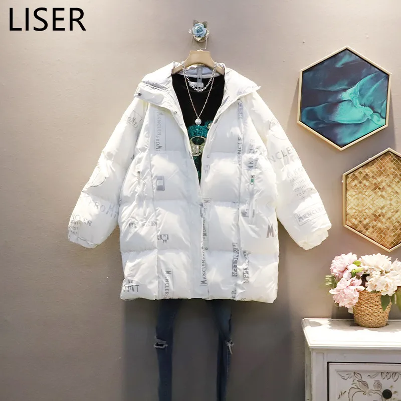 

Женский длинный пуховик с надписью, Белый Свободный теплый пуховик большого размера на молнии, LL676, зима 2021