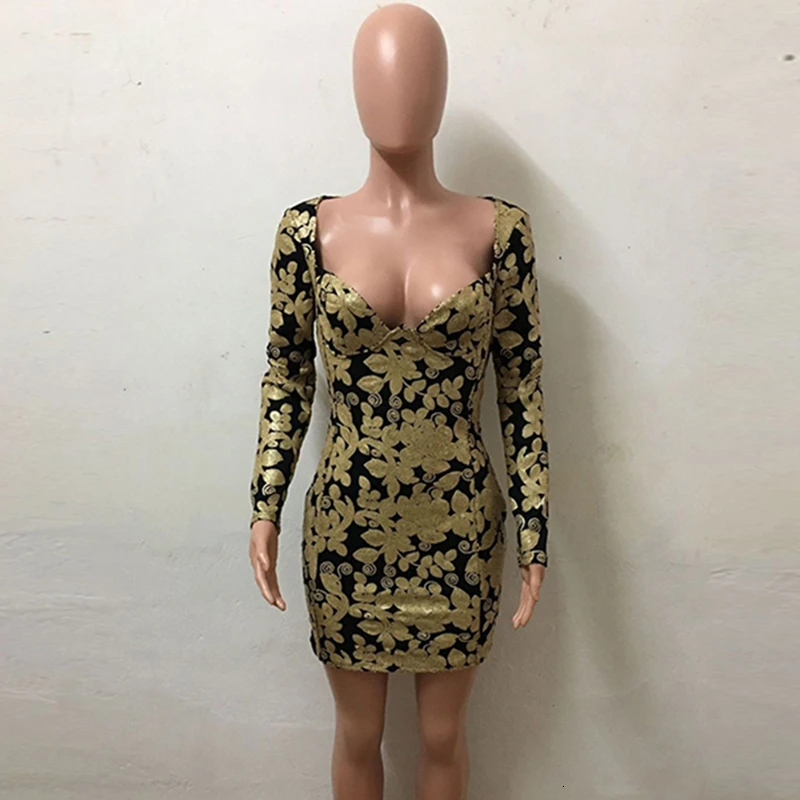 V образным вырезом цветочный принт Bodycon Золотое Платье женское зимнее с длинным