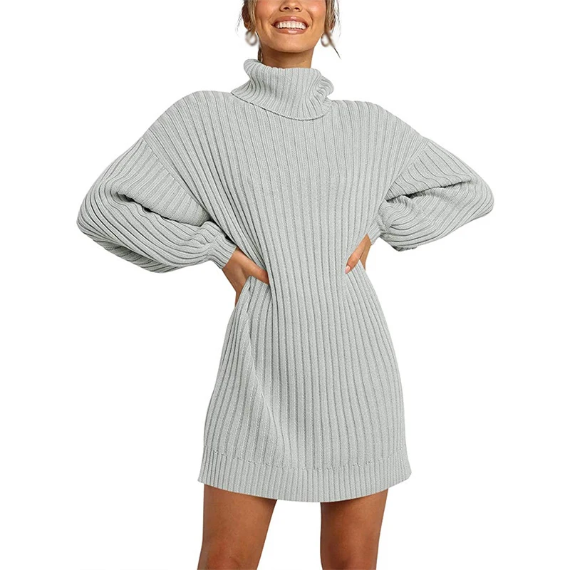 

Autumn Winter Warm Women's Solid Sweater Mid-length Knitted Pullover Dress Simple Loose Casual Oversize High Neck Sweaters