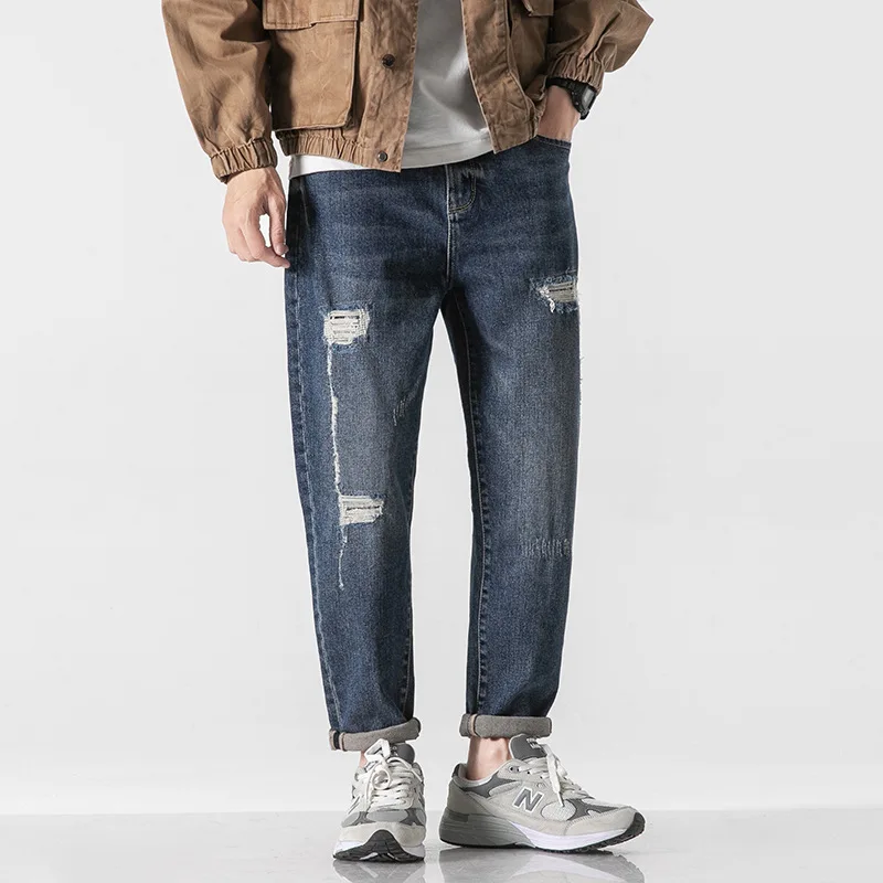 Мужская одежда прямые джинсы с отверстиями модная трендовая уличная