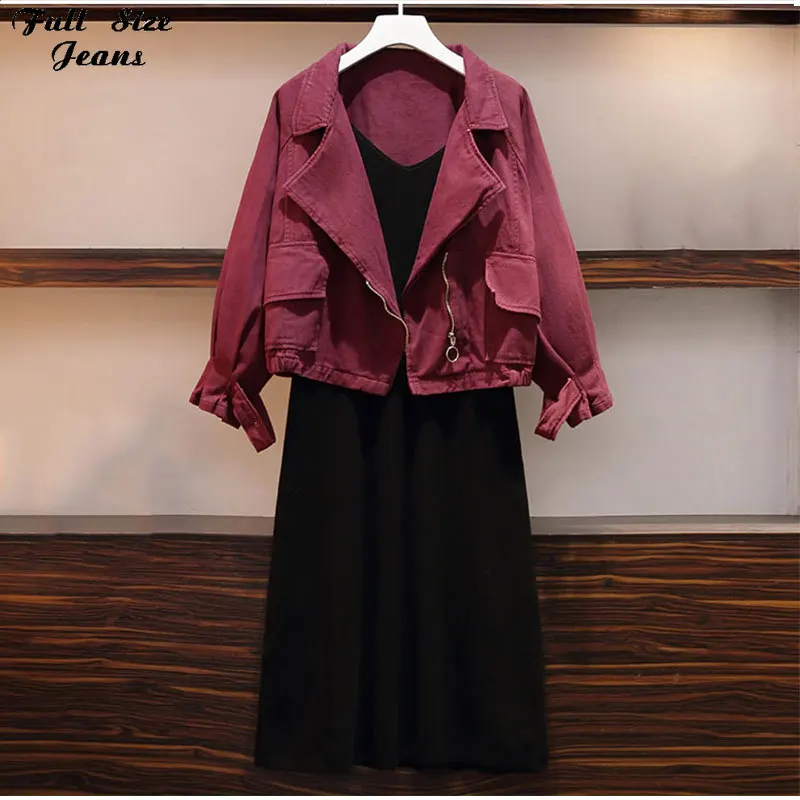 Plus Size Turn-down Collar Cropped Diagonal Zipper Punk Jeans Jackets 4XL 5XL Slim Wine Red Denim Bomber Coat Outwear |