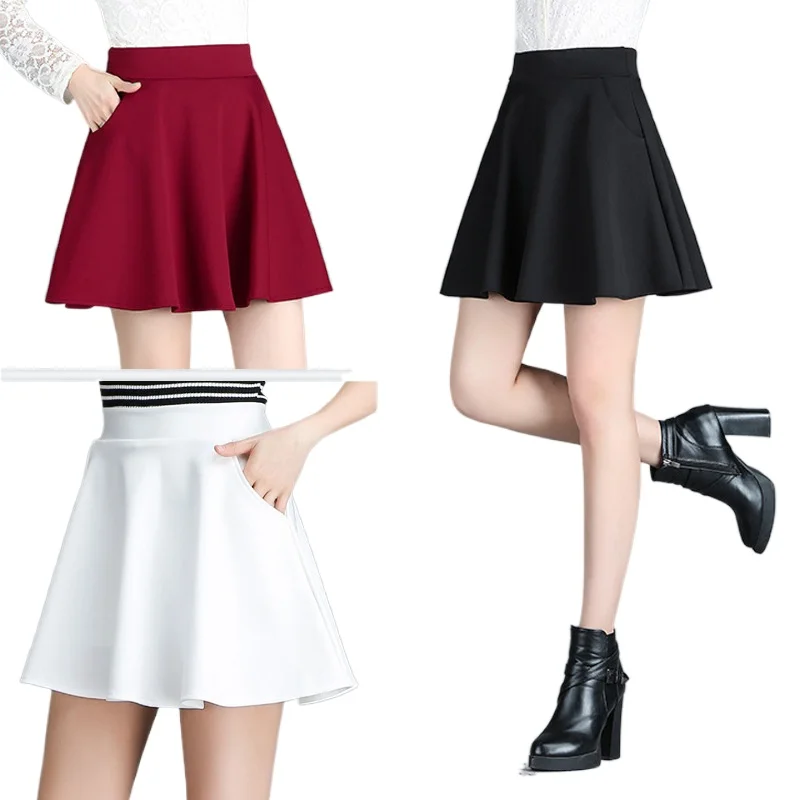 

Короткая юбка-трапеция женская, эластичная мини-юбка с завышенной талией, брюки со складками, простая универсальная драпировочная с карман...