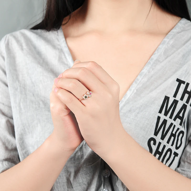 Цветок клевера сердце Изумрудное кольцо 925 серебро инкрустированное из