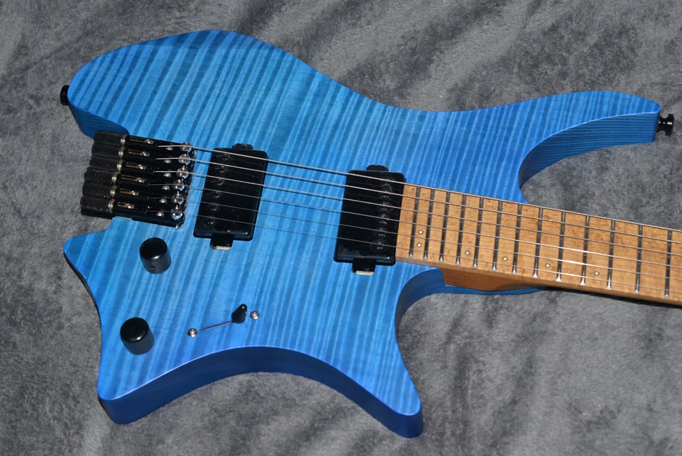 Fanned Fret Гитара s безголовая гитара Стиль модель синий цвет жареное Пламя клен шея гитара