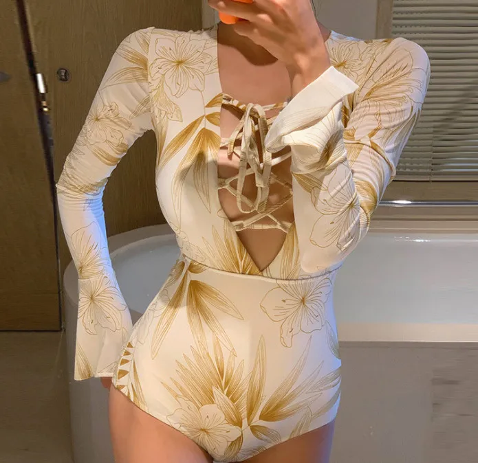 Женский пляжный купальный костюм с длинным рукавом винтажный сплошной купальник