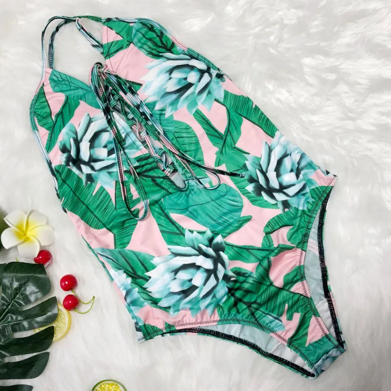 

Women's Swimsuit Bikini Set Neck Strap Open Back Green Printed Beach Swimwear 2021 New Sexy Brazilian Feminine Bikinis Swimsuit