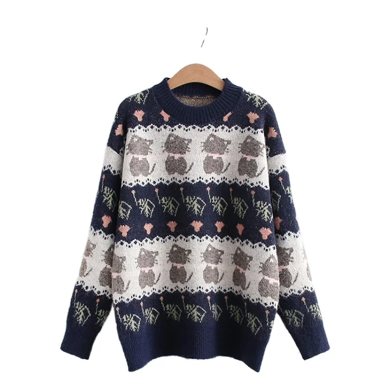 

Cartoon Cat Embroidery Harajuku Knit Pullover Sweaters Women 2021 Winter Long Sleeve O-neck Ladies Kawaii Cute Warm Soft Tops