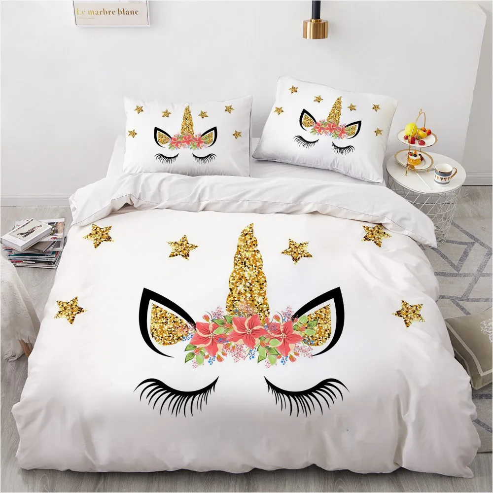 

Home Textile 3D Custom Design White Quilt Cover Sets Unicorn Cartoon Comforther Covers Pillow Slip 203*230cm Full King Twin Size