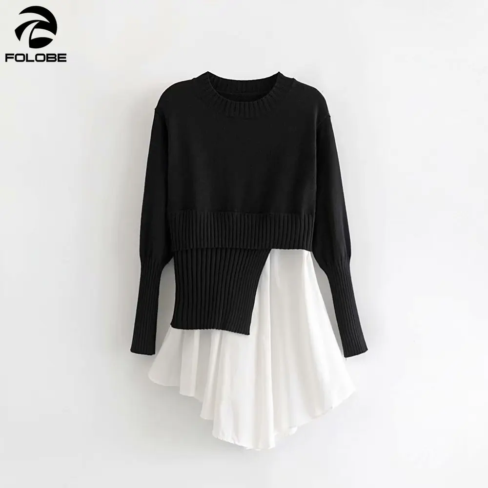 

2021 Korean Fake Two Piece Sweater Women Dresses Patchwork Long Sleeve O-Neck Irregular Pullovers Loose Fashion Sweater Female