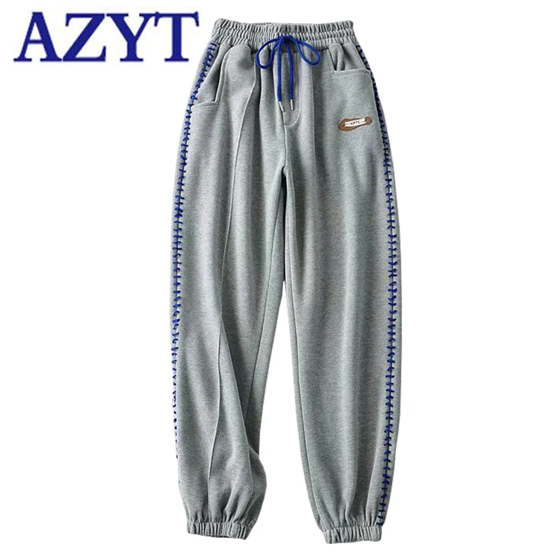 

Женские свободные шаровары с завышенной талией AZYT, осенние модные повседневные брюки с нашивками для женщин, спортивные штаны на шнуровке д...
