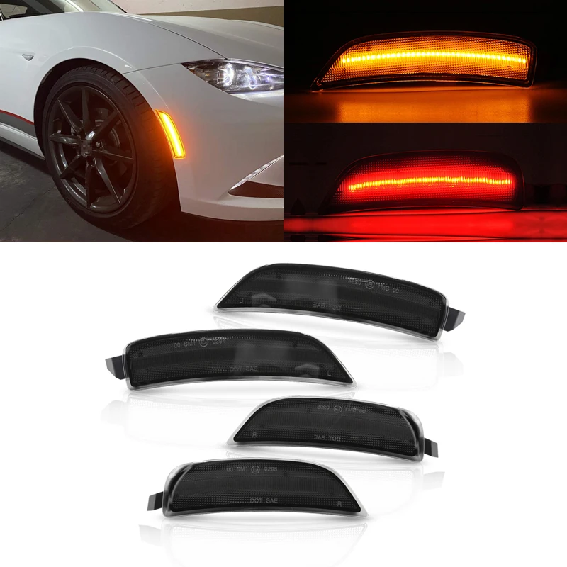 

4x Smoked Lens Front Amber Rear Red Auto Fender Led Side Marker Lights For Mazda MX-5 Miata 2016 2017 2018 2019 2020