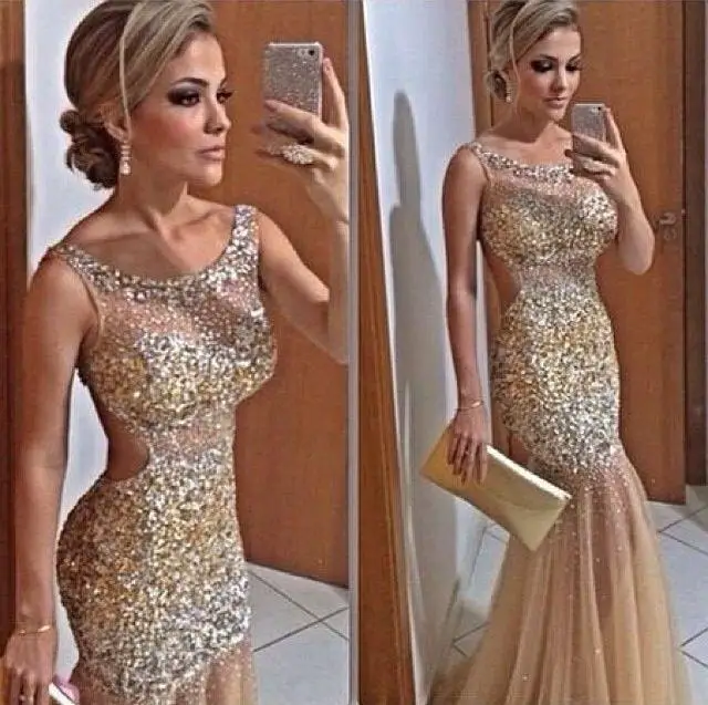 Sexy Prom Dresses Mermaid Scoop Tulle Beaded Crystals Backless Long Gown Evening Robe De Soiree | Свадьбы и торжества