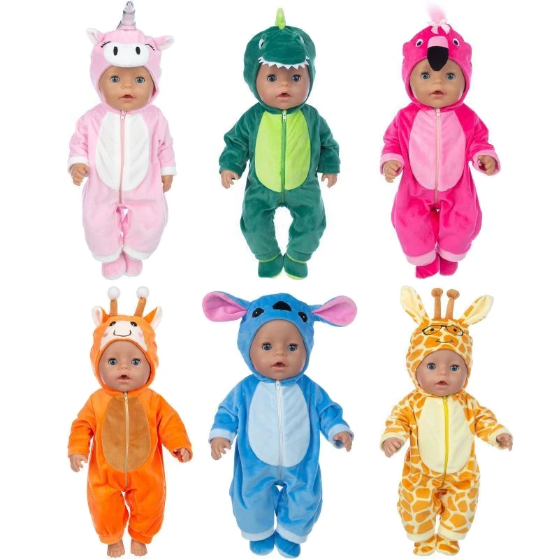 

18 Inch Doll Costume Plush Cartoon Animal Flamingo Dinosaur Outfit Baby Rompers 40- 43cm Reborn Doll Clothes Jumpsuits Girl Gift