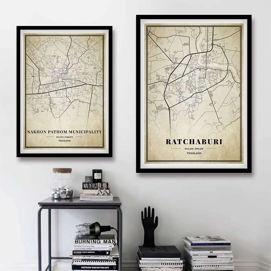 Thailand Bangkok Phuket Chiang Mai Pattaya Chumphon Ratchaburi Vintage City Map Canvas Painting Kraft Poster Coated Home Decor | Дом и сад