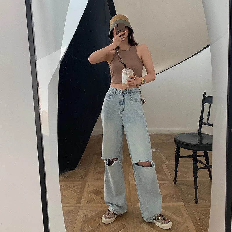 Сетчатые красные джинсы с высокой талией большие свободные двойными вырезами