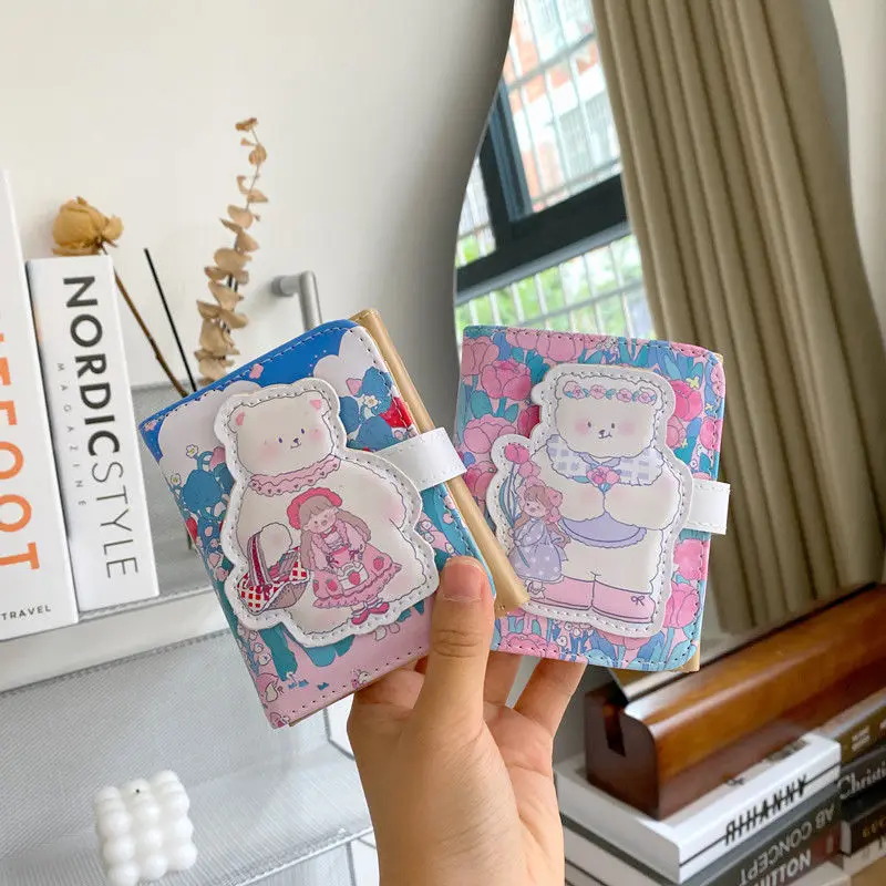 Korean Ins Sunshine Bear Girl Pu Short Three-fold Wallet Cute Image Student Card Holder | Дом и сад