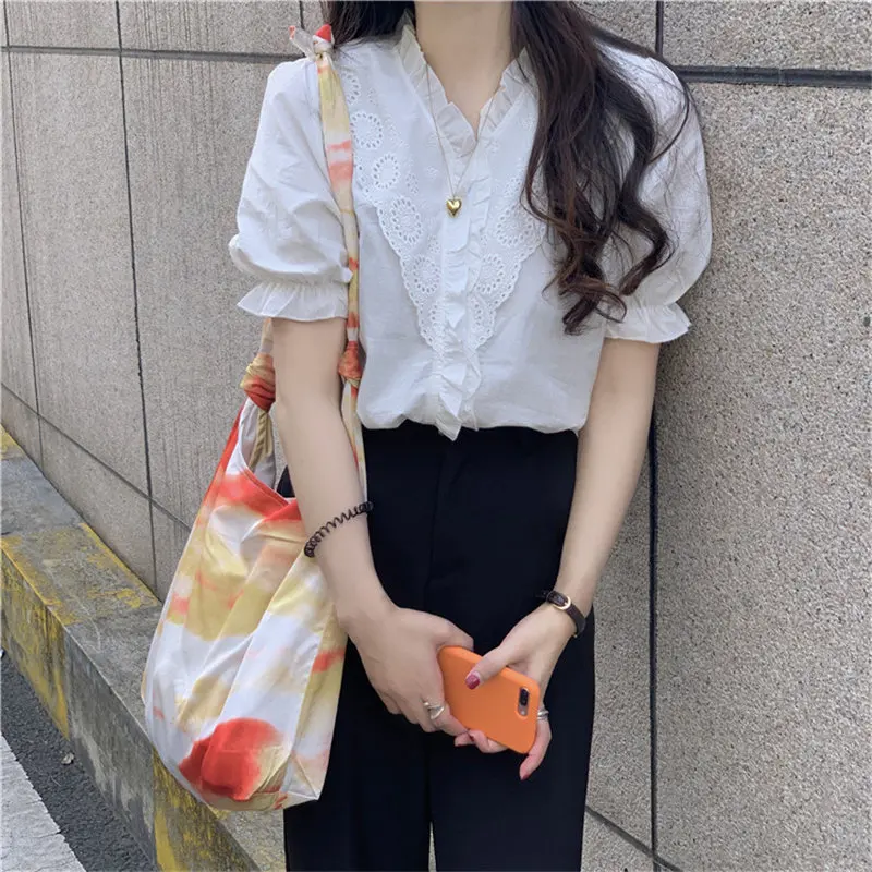 Alien Kitty V-neck Dedicate Embroidery Hollow Out White Ruffles 2020 Solid Loose Leisure Sweet Gentle Hot Office Lady Shirt | Женская