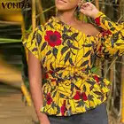 Блузка на одно плечо, женские сексуальные рубашки с принтом 2022 VONDA, женские блузки большого размера с поясом и цветочным принтом